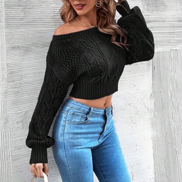 Luxe Sheer Crochet Knit Drop Shoulder Cropped Sweater Top Black - Picture 2 of 16